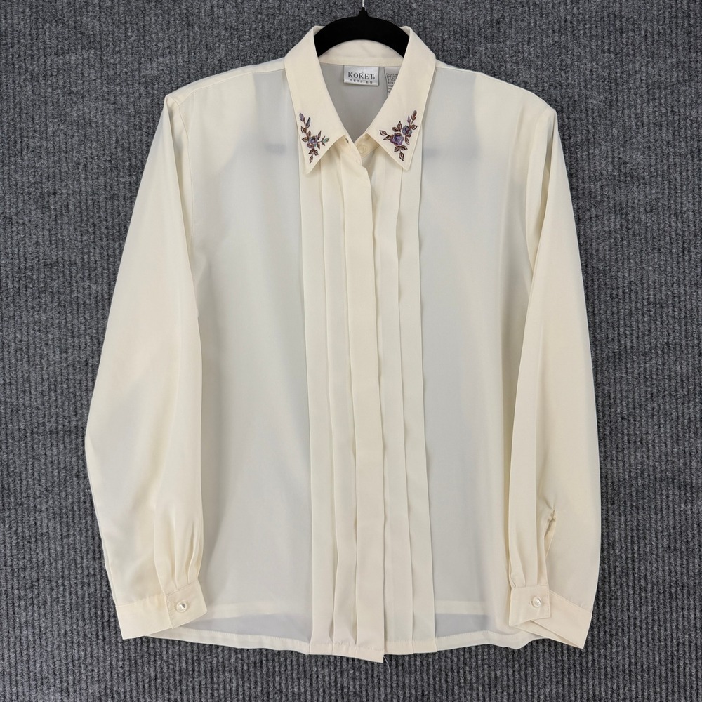 Vintage Koret Petites Ivory Embroidered Collar Pleated Button Up Blouse Size 12P